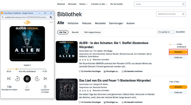 Audible Hörbuch hören mit Audible Cloud Player