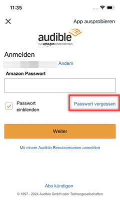 Audible Password zurücksetzen