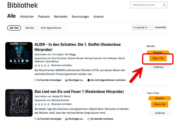 Audible Hörbücher hören Play in Tab