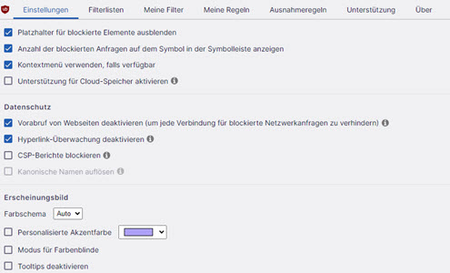uBlock Origin Einstellungen